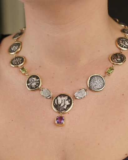 Necklace with Greek coins, diamond, purple amethyst and peridot Ancient Greek Amethyst