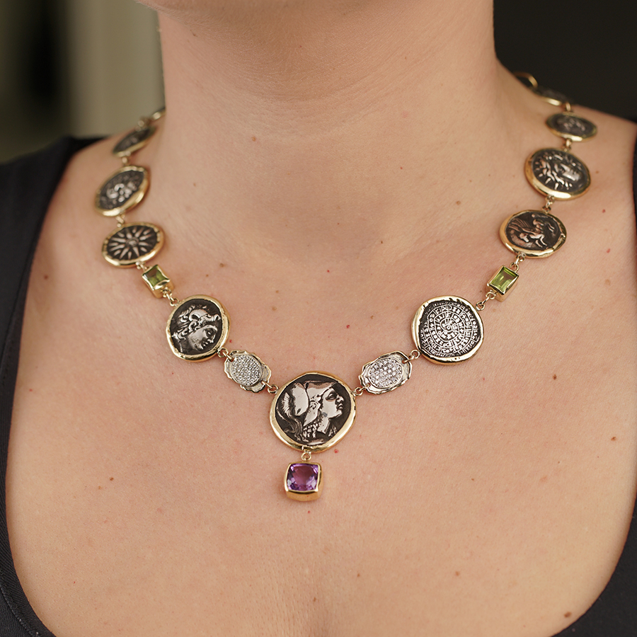 Necklace with Greek coins, diamond, purple amethyst and peridot Ancient Greek Amethyst
