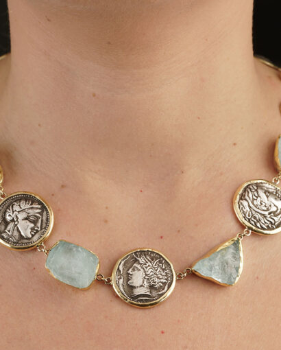 Necklace with Greek coins and aquamarine Aquamarine Aquamarine