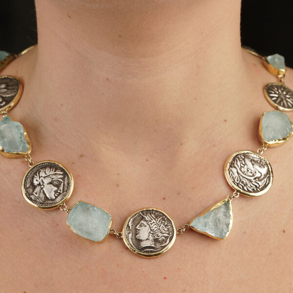 Necklace with Greek coins and aquamarine Aquamarine Aquamarine