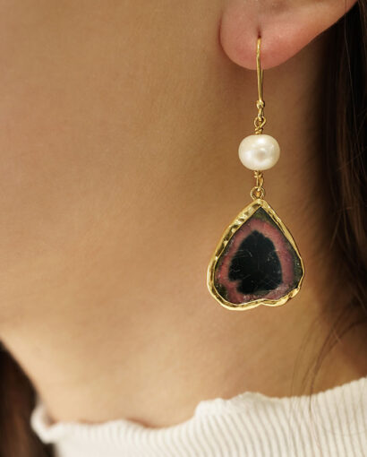 Gold earring with watermelon tourmaline and pearl Earrings Earrings