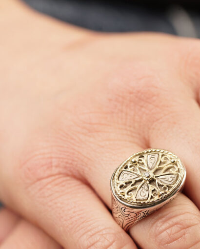 Ring silver and gold with Byzantine design and diamond Ancient Greek Diamonds